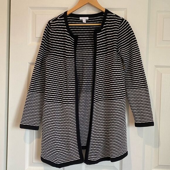 Charter Club Black and White Striped Open Cardigan 100% Cotton - Picture 1 of 5